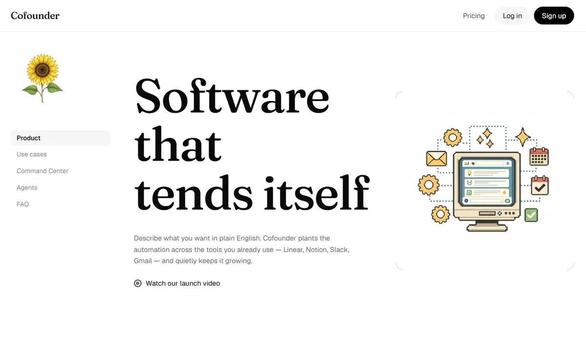 Screenshot of the Editorial Landing Page template: serif editorial with illustration.