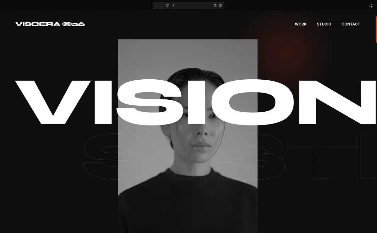 Screenshot of the VISCERA template: dark monochrome statement.