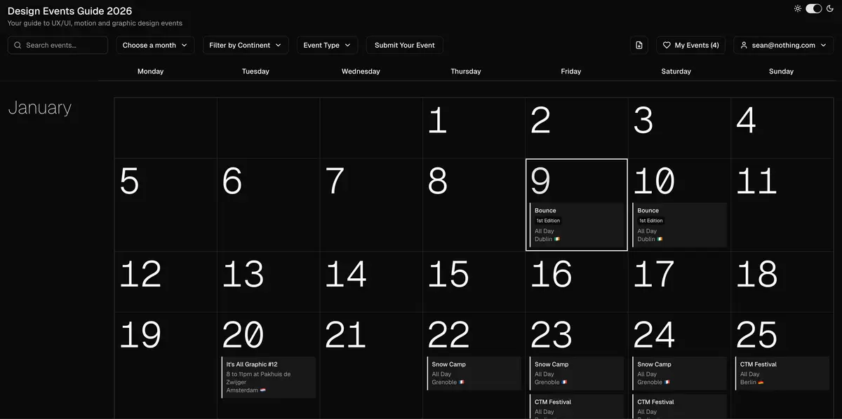 Screenshot of the Events Calendar template: dark calendar grid.