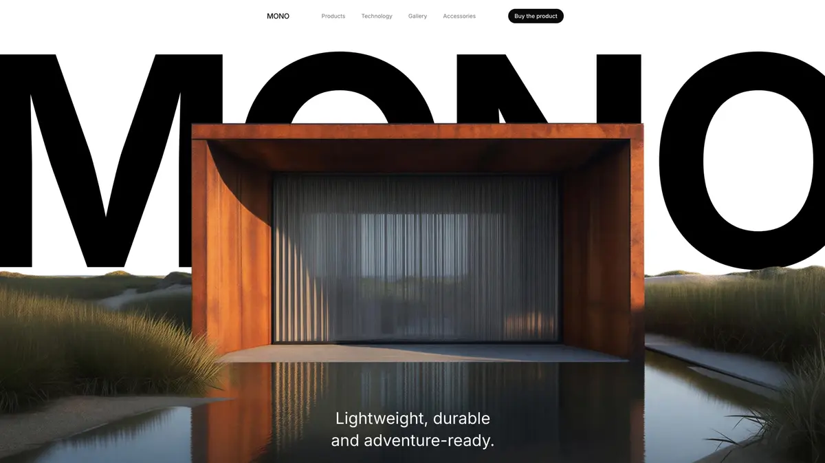 Screenshot of the MONO template: oversized type, outdoor imagery.