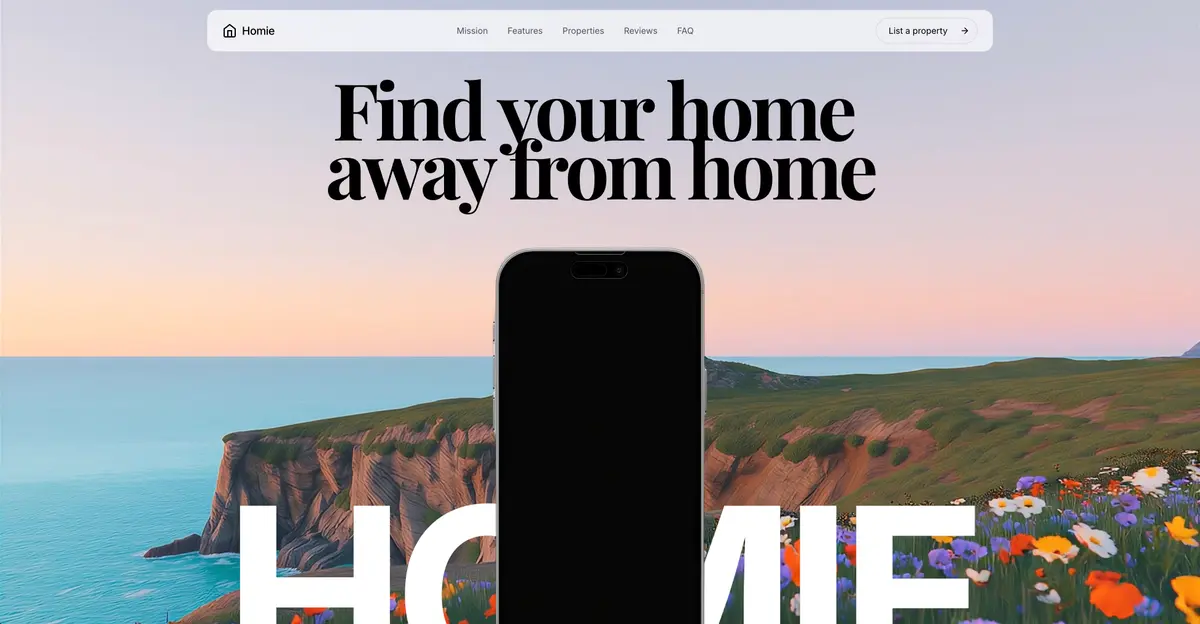 Screenshot of the Homie template: big type over photography.