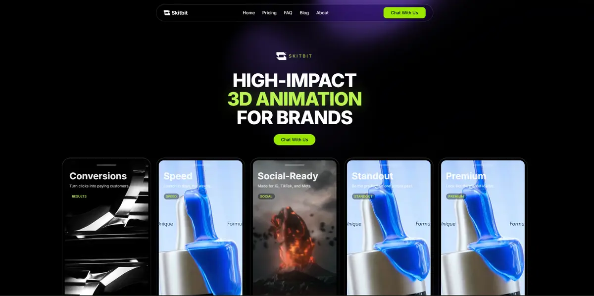 Screenshot of the Liquid Glass Agency template: dark, glossy 3d.